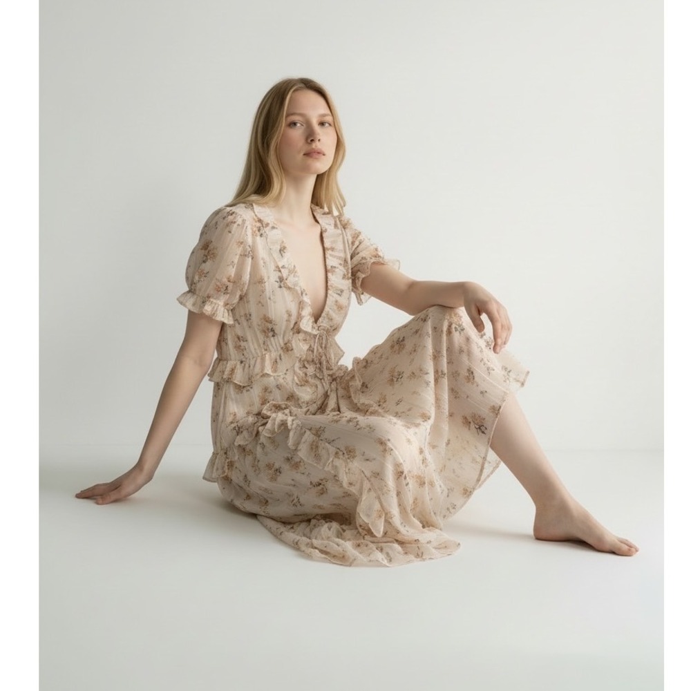 Storia Floral Ruffle‎ Maxi Dress Cream Pink Dobby Puff Sleeve Large NWT